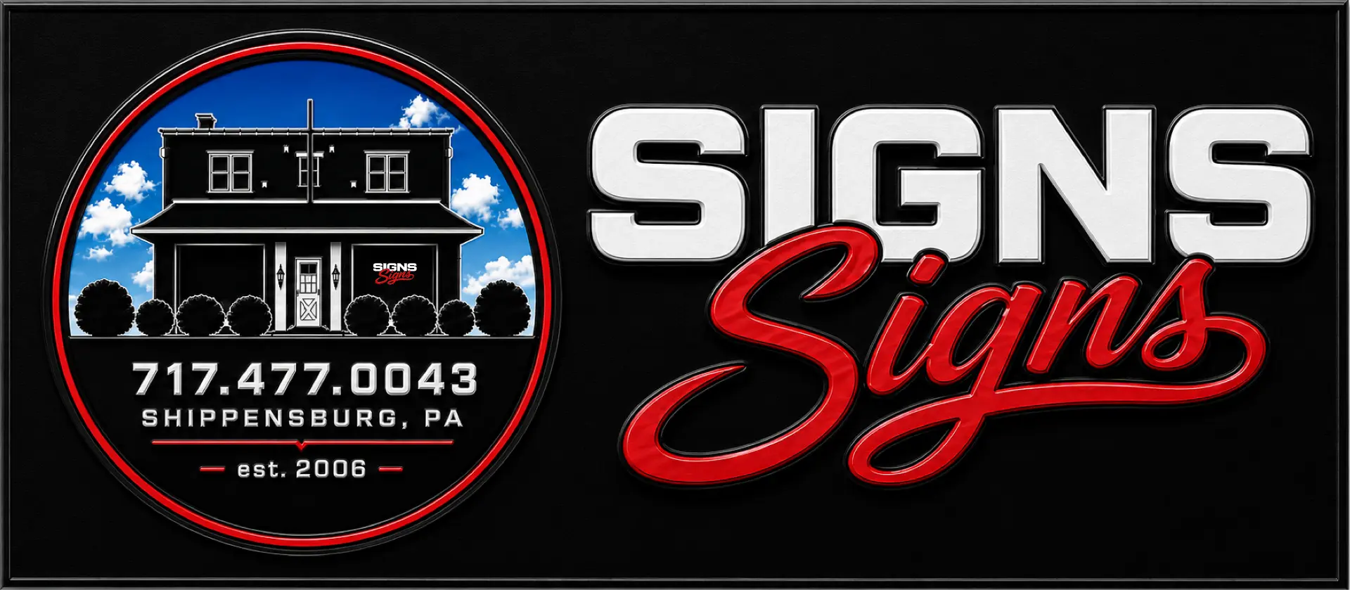 Signs Signs logo: white block lettering with red script on a black sign panel